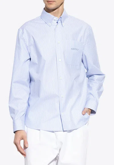 Versace Long-sleeved Striped Buttoned Shirt In Blue
