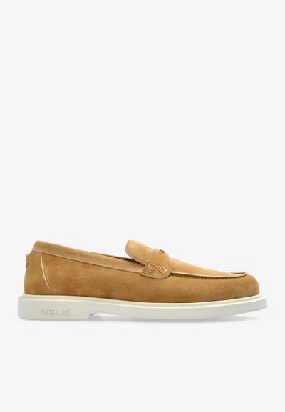 Versace Giuliano Biscuit-colored Suede Loafers In Multi