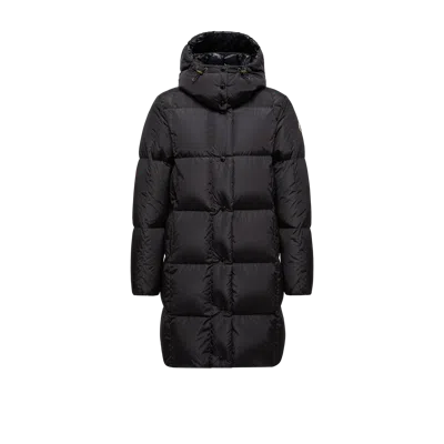Moncler Litte Square-quilted Hooded Long Down Jacket In Black