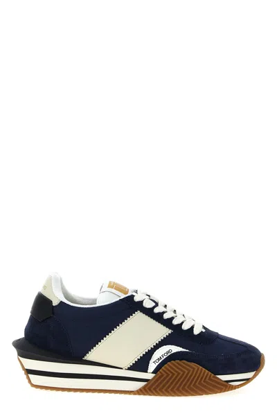 Tom Ford Mens Blue James Logo-print Leather And Suede Low-top Trainers In Blue