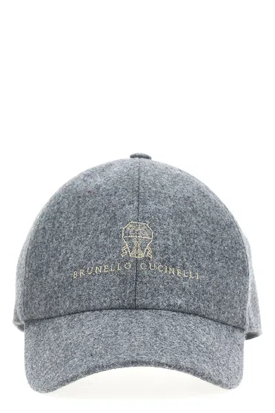 Brunello Cucinelli Virgin Wool Embroidered Baseball Cap In Gray
