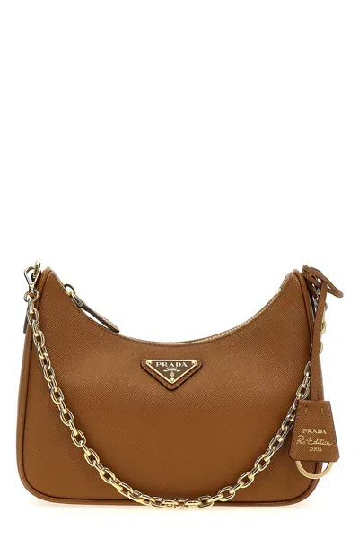 Prada Re-edition 2005 Saffiano Leather Shoulder Bag In Brown
