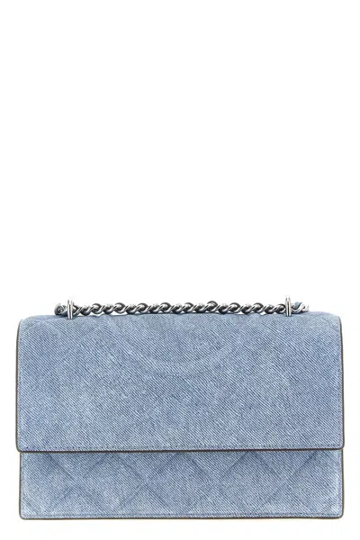 Tory Burch Fleming Small Convertible Denim Shoulder Bag In Medium Wash Denim