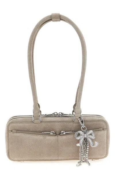 Self-portrait Grey Suede Baguette Shoulder Bag With Charm In Neutral