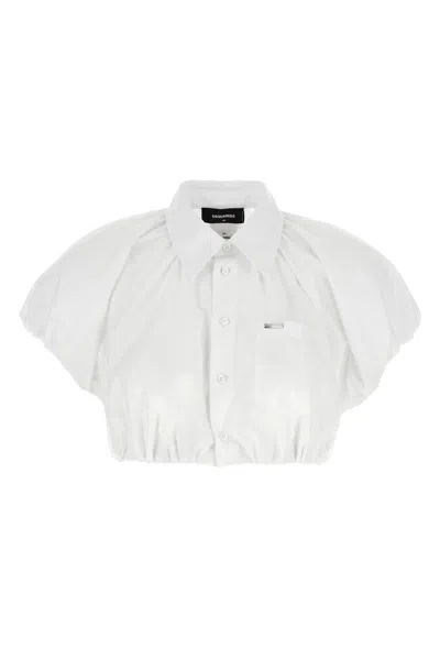 Dsquared2 Short Sleeve Collared Shirt With Gathered Detail In White