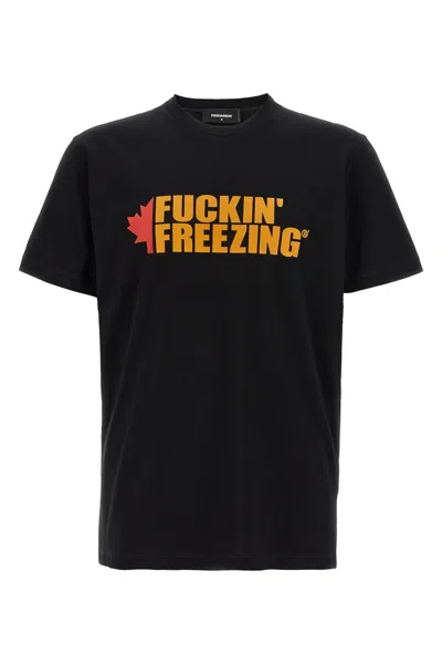 Dsquared2 Black Crewneck T-shirt With Print On The Front And Logo Lettering On The Rear In Black