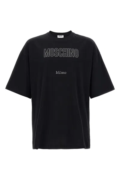 Moschino Crystal Logo Crew Neck T-shirt With Short Sleeves In Black