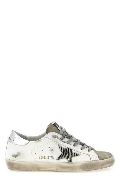 Golden Goose Superstar White Low Top Sneakers With Glittered Star Patch And Laminated Heel With Logo Lettering In In White