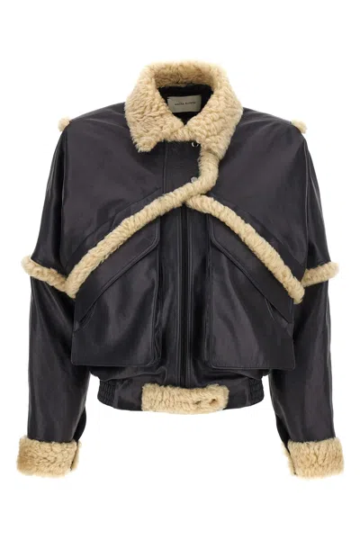Magda Butrym Leather Jacket With Unique Fur Insert In Blue