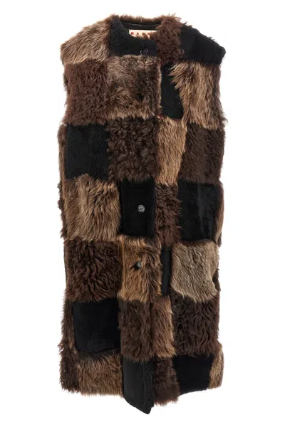 Marni Patchwork Design Shearling Vest In Brown