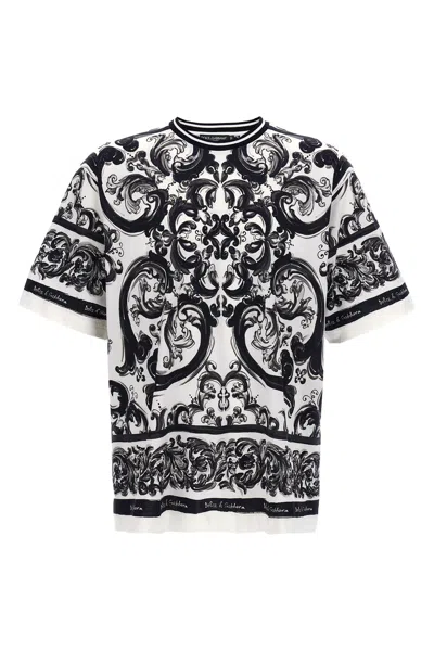 Dolce & Gabbana Men Black And White Crewneck T-shirt With All-over Graphic Print In Cotton Man In Multi