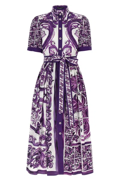 Dolce & Gabbana Poplin Shirt Dress With Maiolica Print In Purple