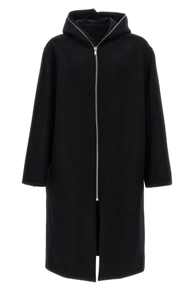 Rick Owens Men Black Coat With Fixed Hood And Rear Single Vent In Wool Man In Multi