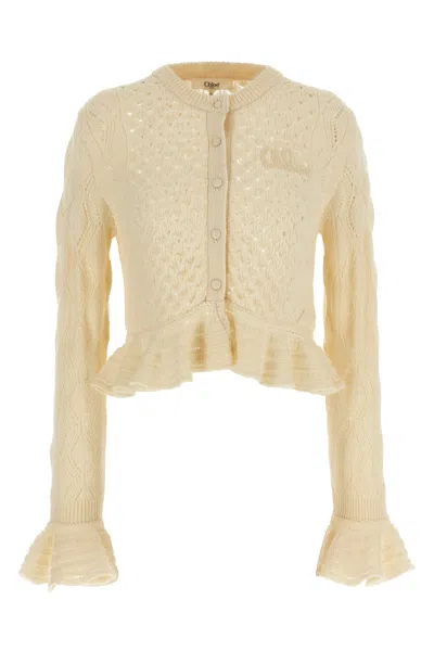 Chloé Latte-colored Crochet Cardigan In Cotton Blend In White