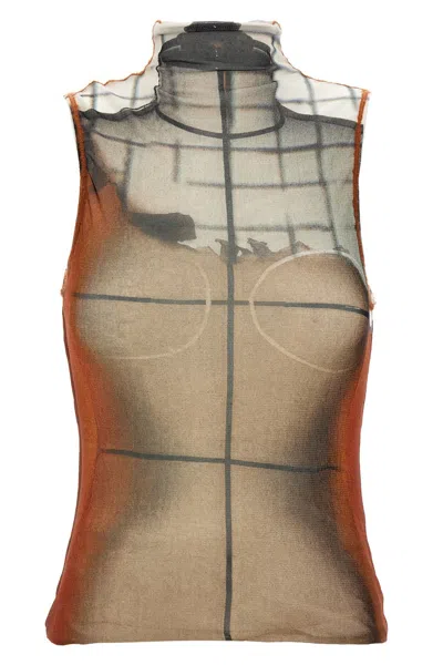 Jean Paul Gaultier Printed Tulle The Fire Tank Top In Gold