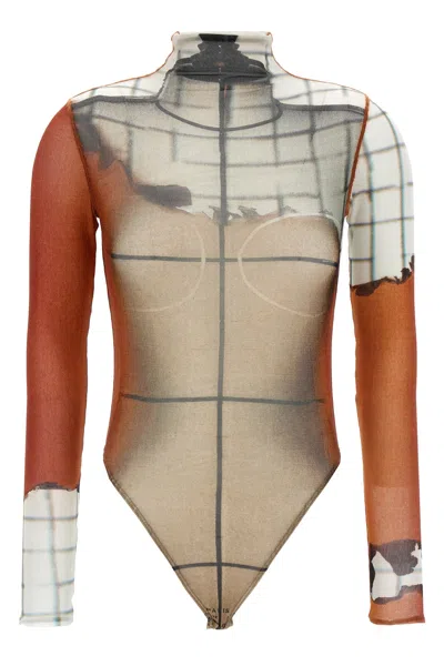 Jean Paul Gaultier 'flame Graphic High Neck Sheer Bodysuit' In White