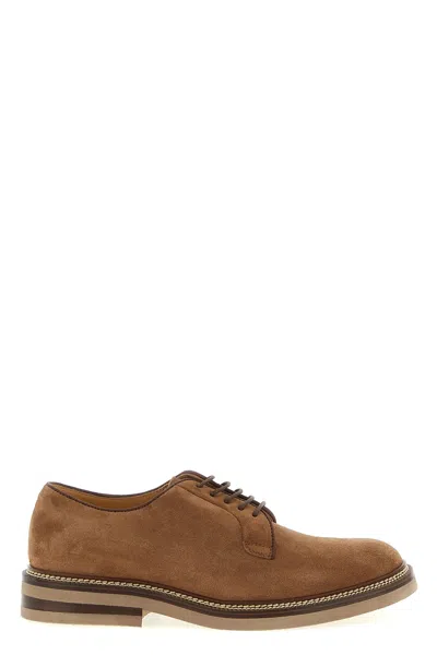 Brunello Cucinelli Suede Lace Up Shoes With Stacked Heel In Brown