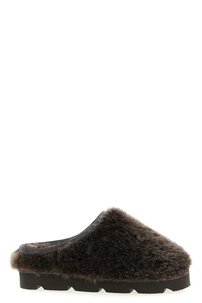 Brunello Cucinelli Round Toe Faux Fur Flat Sole Sandals In Brown