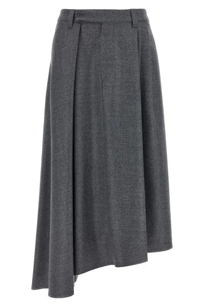 Brunello Cucinelli Wool Skirt With Asymmetrical Hem And Pleated Design In Gray