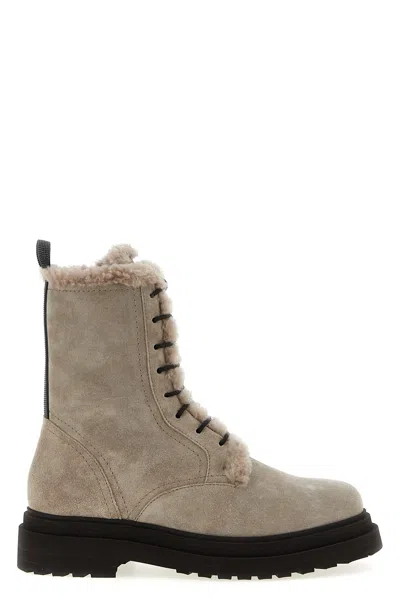 Brunello Cucinelli Suede Boot With Shearling Lining And Shiny Loop Detail In Neutral