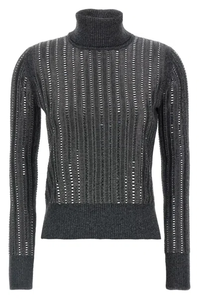 Ermanno Scervino Crystal Sweater Turtleneck Sheer Panels In Gray