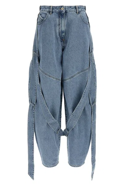 Attico Blue Jeans With Maxi Drawstring On The Front And Logo Patch On The Rear In Denim Woman In Blue