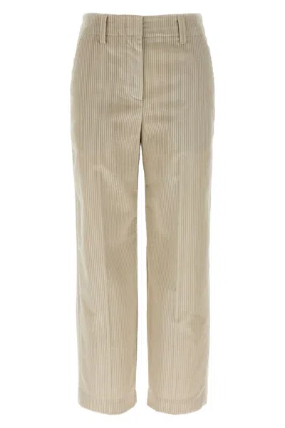 Brunello Cucinelli Beige Corduroy Trousers With Front Zip And Hook Button Closure In Sand