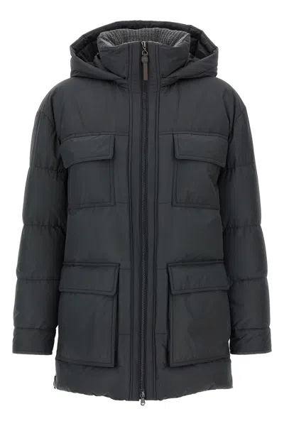 Brunello Cucinelli Knitted Neck Down Jacket In Gray