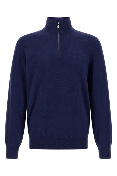 Brunello Cucinelli Blue Cashmere Blend Lightweight Half-zip Sweater