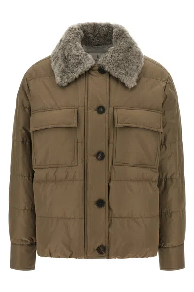 Brunello Cucinelli Quilted Coat With Plush Shearling Collar And Flap Pockets In Brown