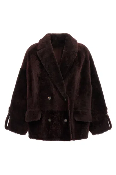 Brunello Cucinelli Reversible Shearling Outerwear With Shiny Cuff Details. In Burgundy