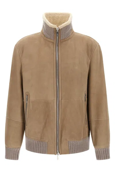 Brunello Cucinelli Beige Suede Curly Shearling Bomber Jacket In Neutral