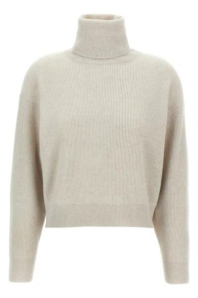 Brunello Cucinelli Ribbed Turtleneck Sweater With Dropped Shoulders In Sand