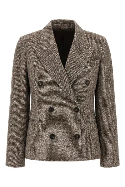 Brunello Cucinelli Virgin Wool And Silk Melange Diagonal Double-breasted Blazer In Brown