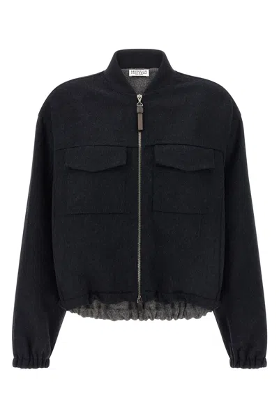 Brunello Cucinelli Oversized Virgin Wool Jacket With Ribbed Collar In Black