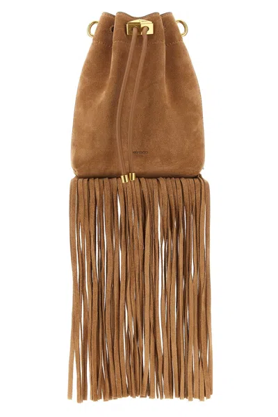 Jimmy Choo Mini Cinch Suede Bucket Bag With Fringe Tassels In Brown