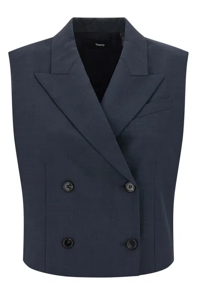 Theory Slightly Cropped Double-breasted Vest With Peak Lapels In Blue