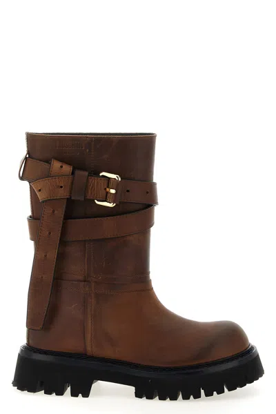 Moschino 'chunky Sole' Ankle Boots With Buckle And Strap In Brown