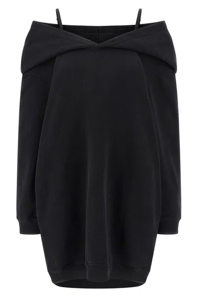Mm6 Maison Margiela Mm6 By Maison Margiela Off-shoulder Black Sweatshirt Dress With Cozy Hood In Black