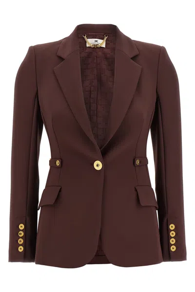 Elisabetta Franchi Burgundy Tailored Blazer With Gold Buttons And Peak Lapels In Purple