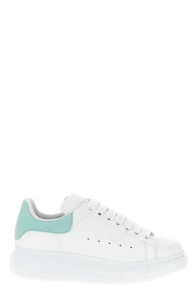 Alexander Mcqueen White Leather Sneakers With Sea Green Leather Heel In Animal Print