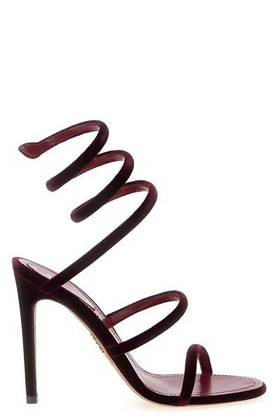 René Caovilla Spiral Design Velvet Heels With Ankle Wrap In Burgundy