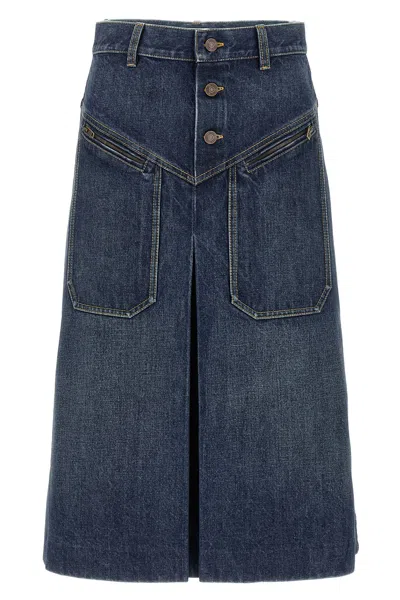 Chloé Button-front Denim Midi Skirt With Patch Pockets In Blue