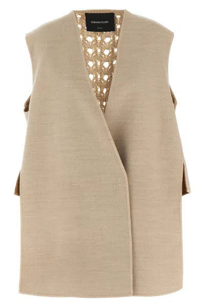Fabiana Filippi Knit Wool Vest Crochet Back Detail In Sand