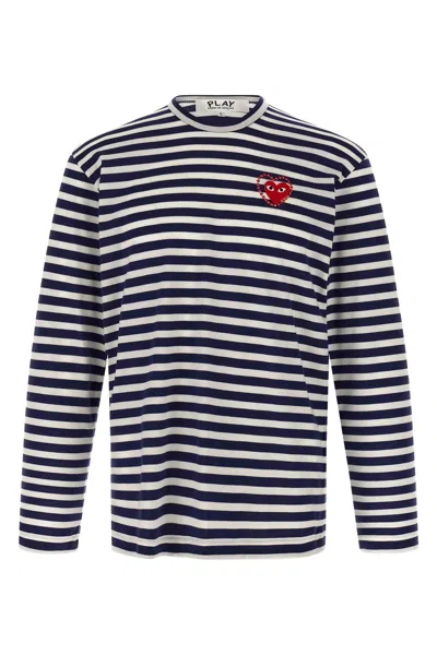Comme Des Garçons Play Striped Navy And White T-shirt With Crystal Heart In Blue