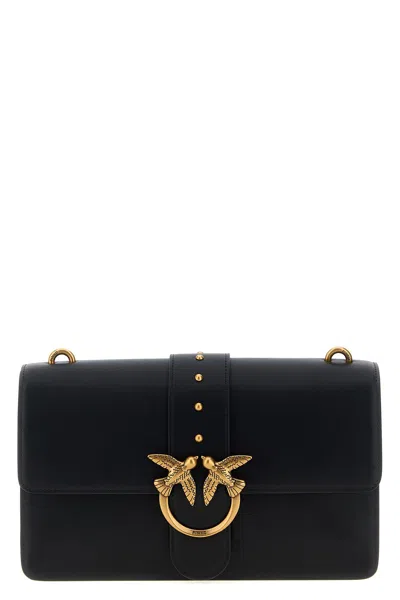 Pinko Love One Classic Black Crossbody Bag With Studded Strap And Love Birds Diamond Cut Plaque On The Fro