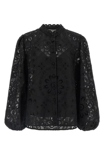 Zimmermann Rhiannon Guipure Lace Trim Cotton Shirt In Black