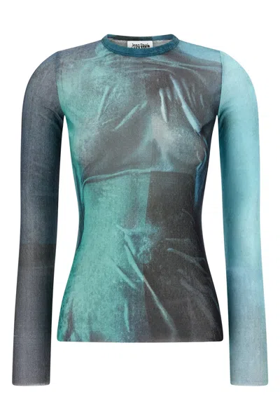 Jean Paul Gaultier Crew Neck Sheer Abstract Print Top In Multi