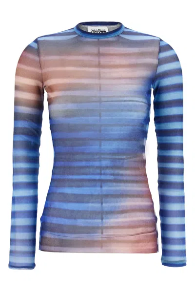 Jean Paul Gaultier Air Print Striped Mesh Crew Neck Top In Multi