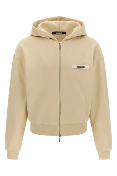 Jacquemus Grosgrain-trimmed Zippered Hoodie With Logo Detail In White